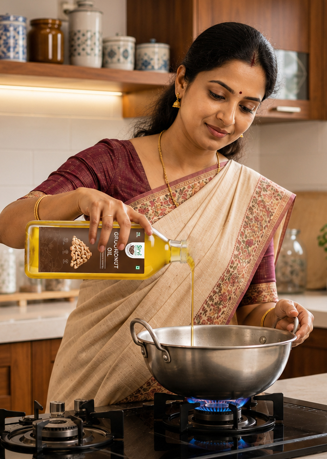 Woman pouring Sirvi Organics groundnut oil into a kadai while cooking a healthy meal